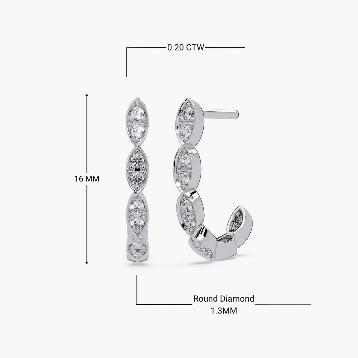 14K white gold marquise huggie hoop earrings with pavé-set round lab-grown diamonds, shown with dimensions: 16mm height, 1.3mm stones, 0.20 CTW