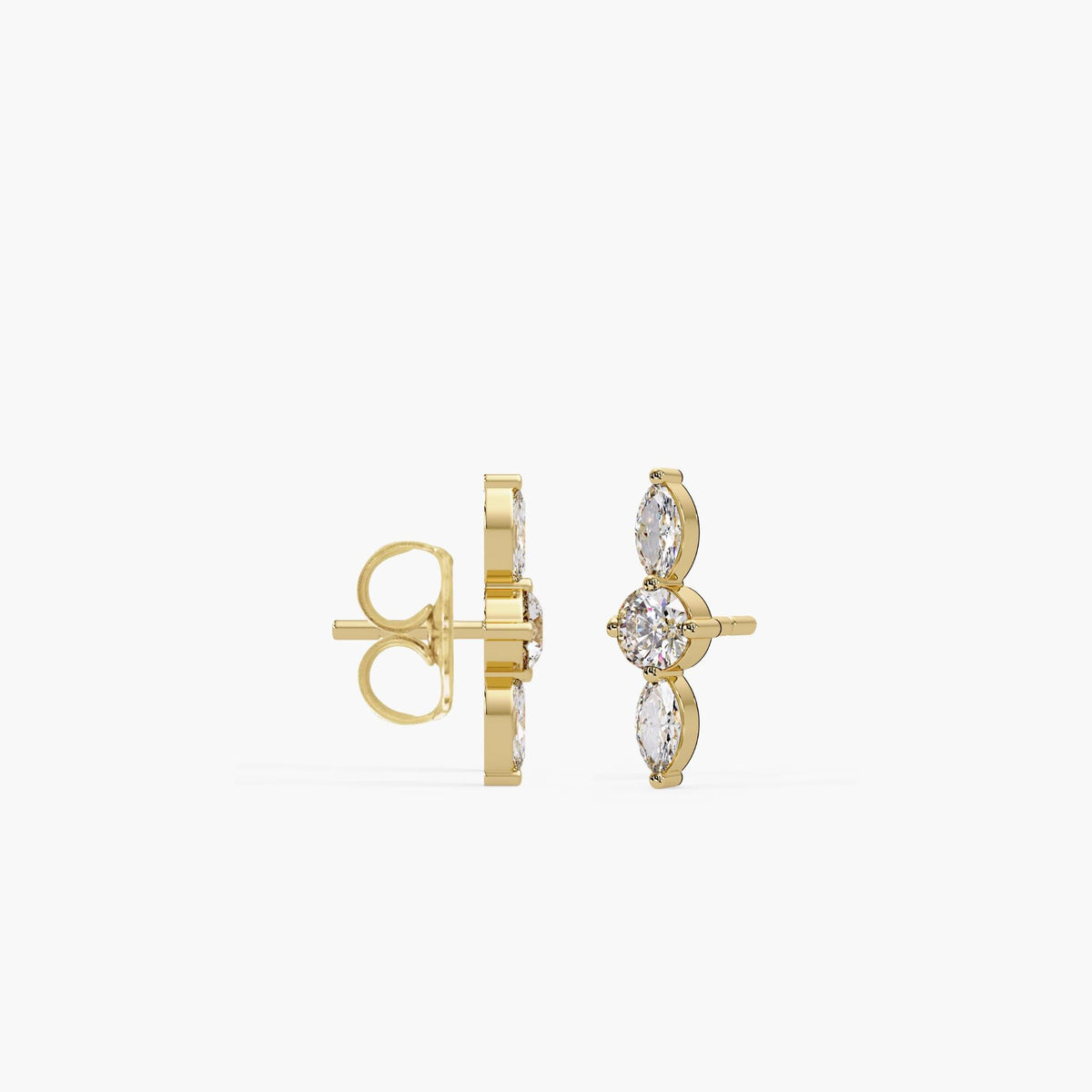 14K yellow gold lab-grown diamond curved stud earrings, featuring a round center stone flanked by marquise diamonds in a vertical three-stone setting with pushback closure.