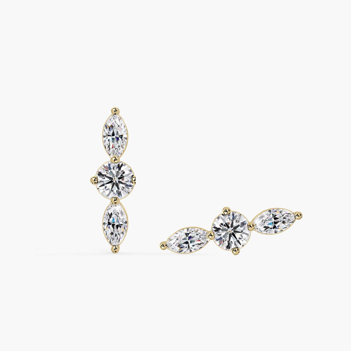 14K gold marquise and round diamond curved stud earrings featuring three lab-grown diamonds in a vertical or horizontal layout, minimalist prong setting, perfect for second piercings or stacking.