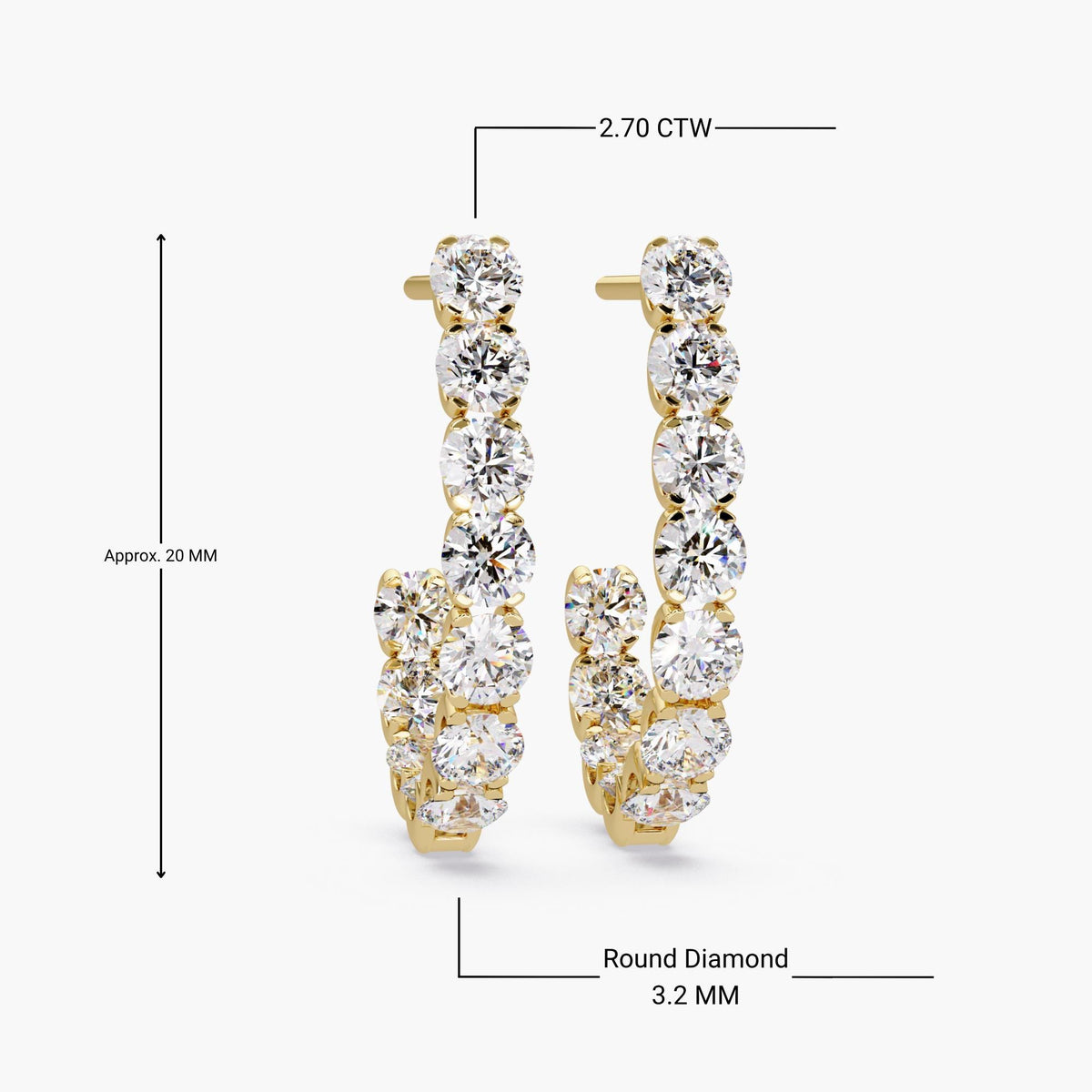 Close-up of large 14K yellow gold inside-out hoop earrings with round 3.2MM lab-grown diamonds set along both outer and inner edges; total carat weight 2.70 CTW, 20MM in diameter, featuring push-back posts and staggered prong setting for maximum brilliance.