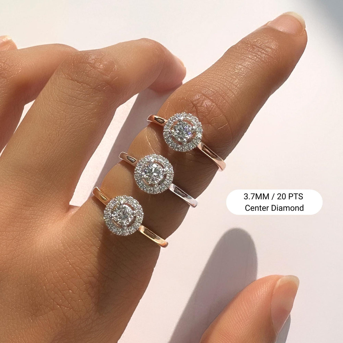 18K Gold Halo Diamond Ring with 3.7MM Round Lab-Grown Center Diamond (0.20ct), shown on finger in rose, white, and yellow gold. Dainty and minimal promise ring, pavé halo design for everyday fine jewelry look.