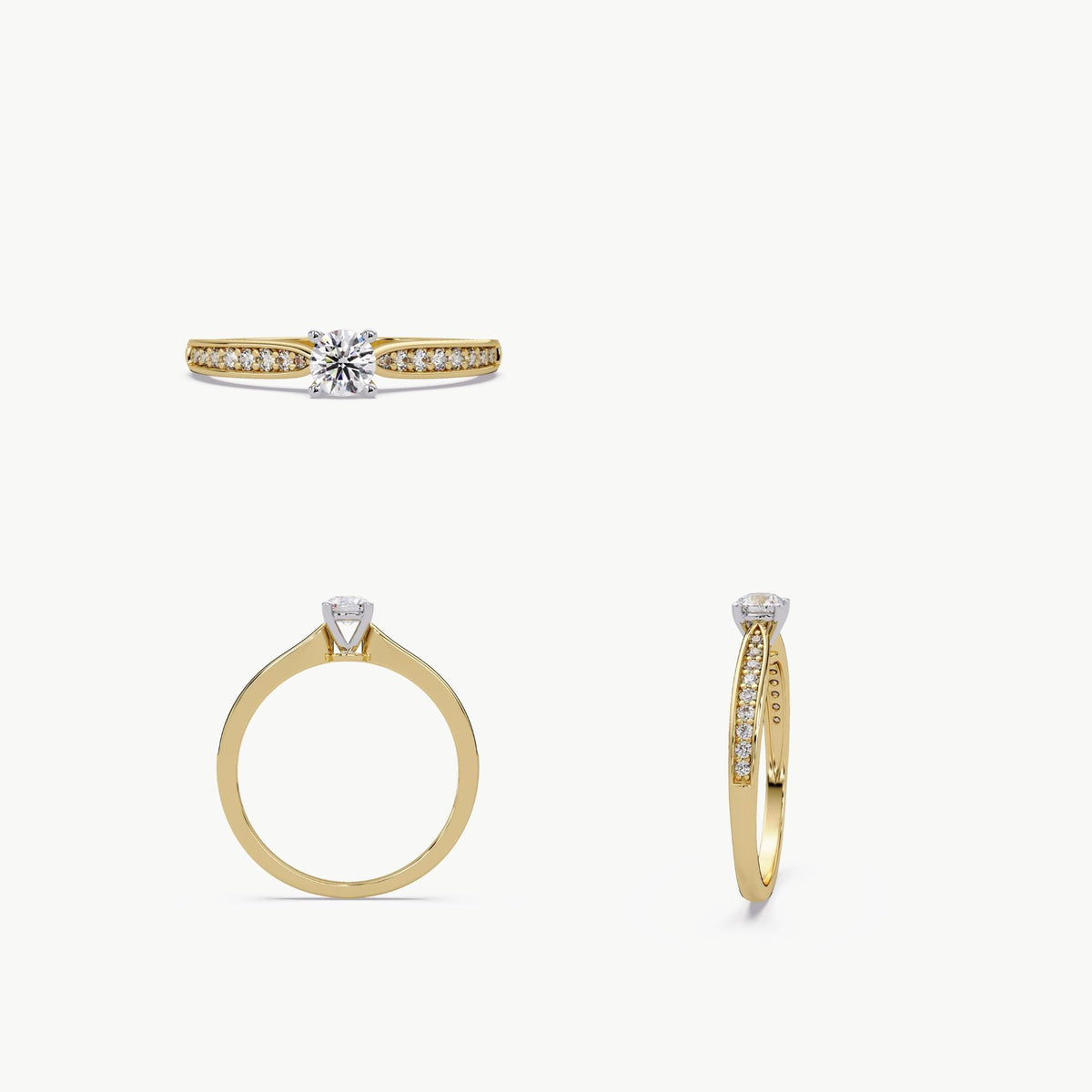18K gold half eternity solitaire ring with a round lab-grown diamond, showing front, side, and top angles to highlight the tapered shank and channel-set pavé diamond band.