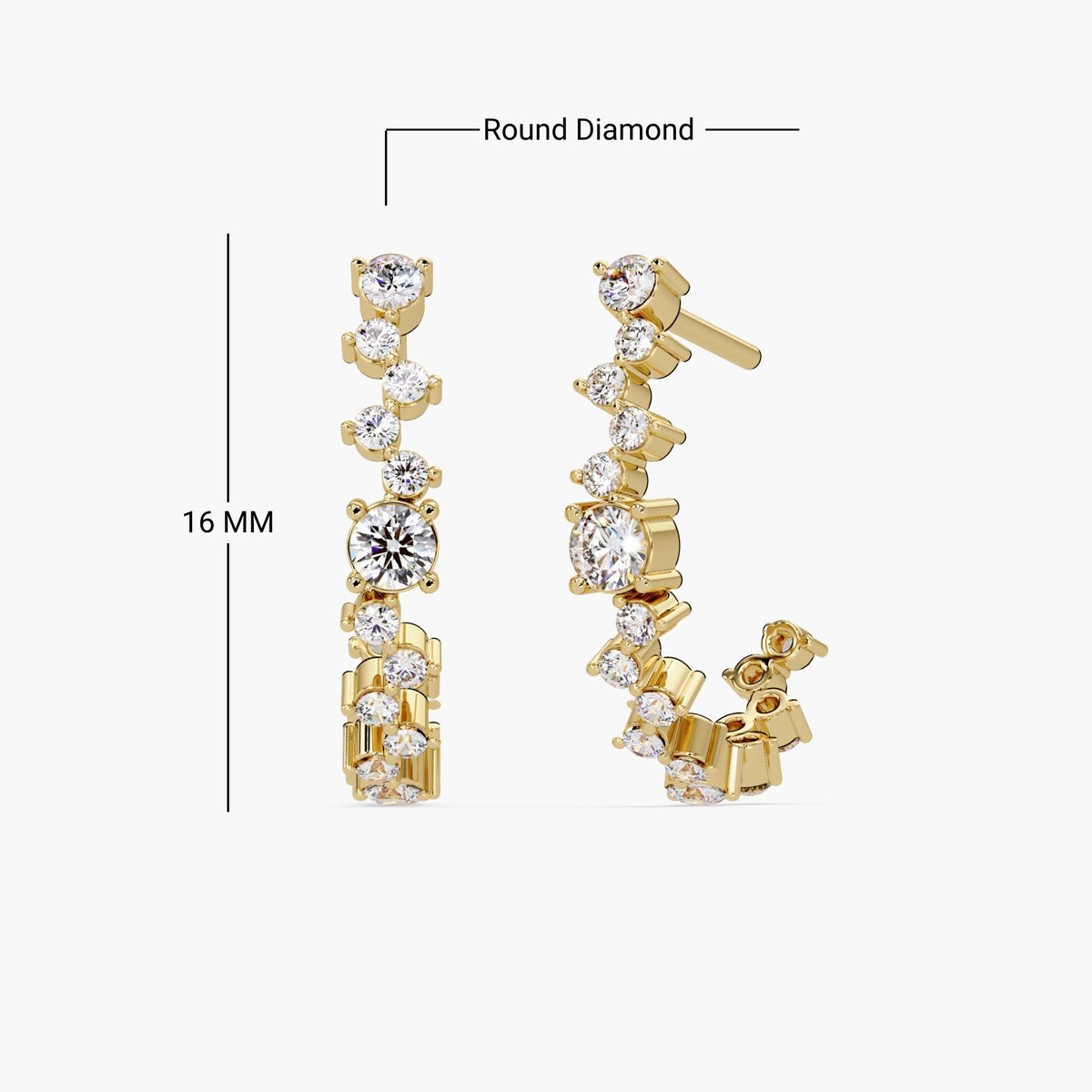 14K yellow gold diamond cluster J-hoop earrings with round lab-grown diamonds, prong setting, and 16MM hoop height