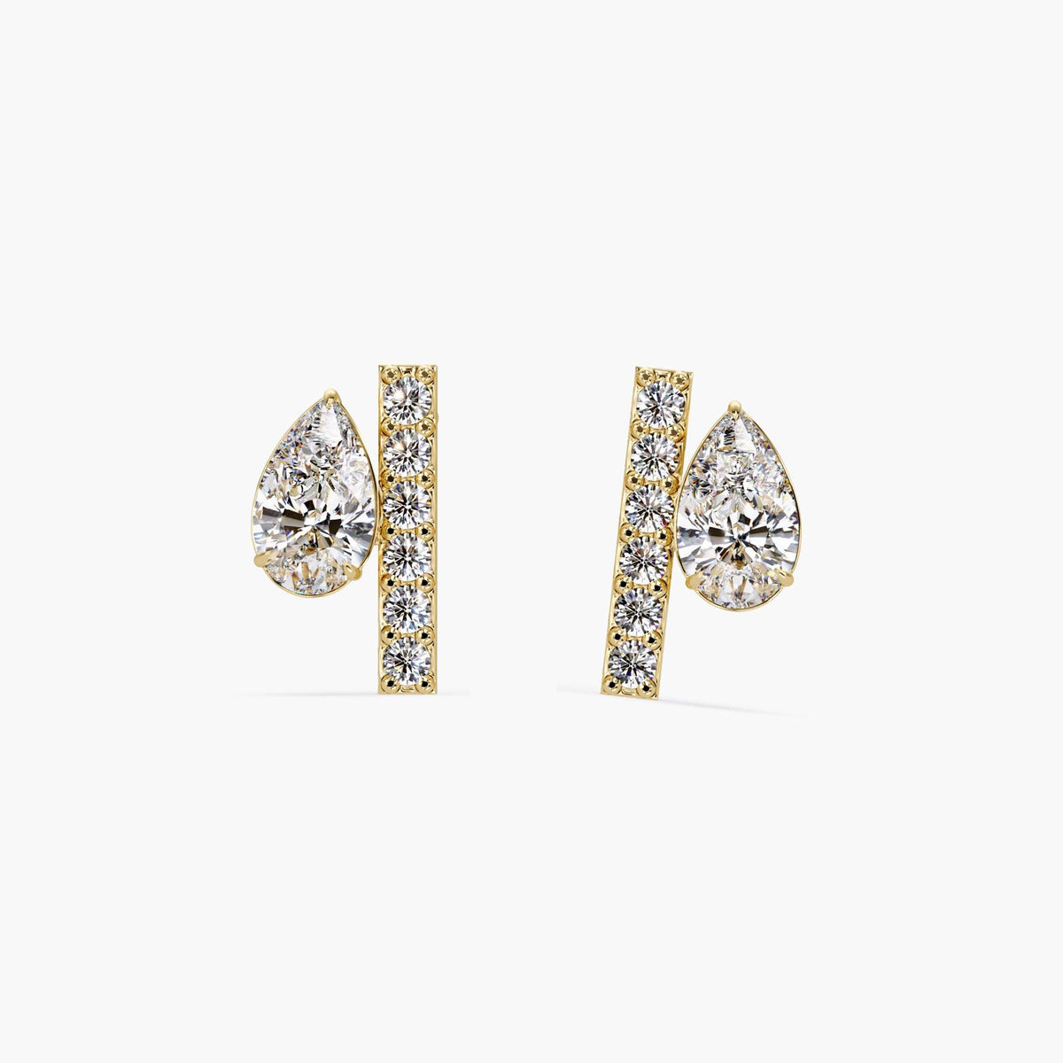 14K yellow gold bar stud earrings with pear cut and round lab grown diamonds, 8MM minimalist design, modern stacking studs for everyday wear or milestone gifting