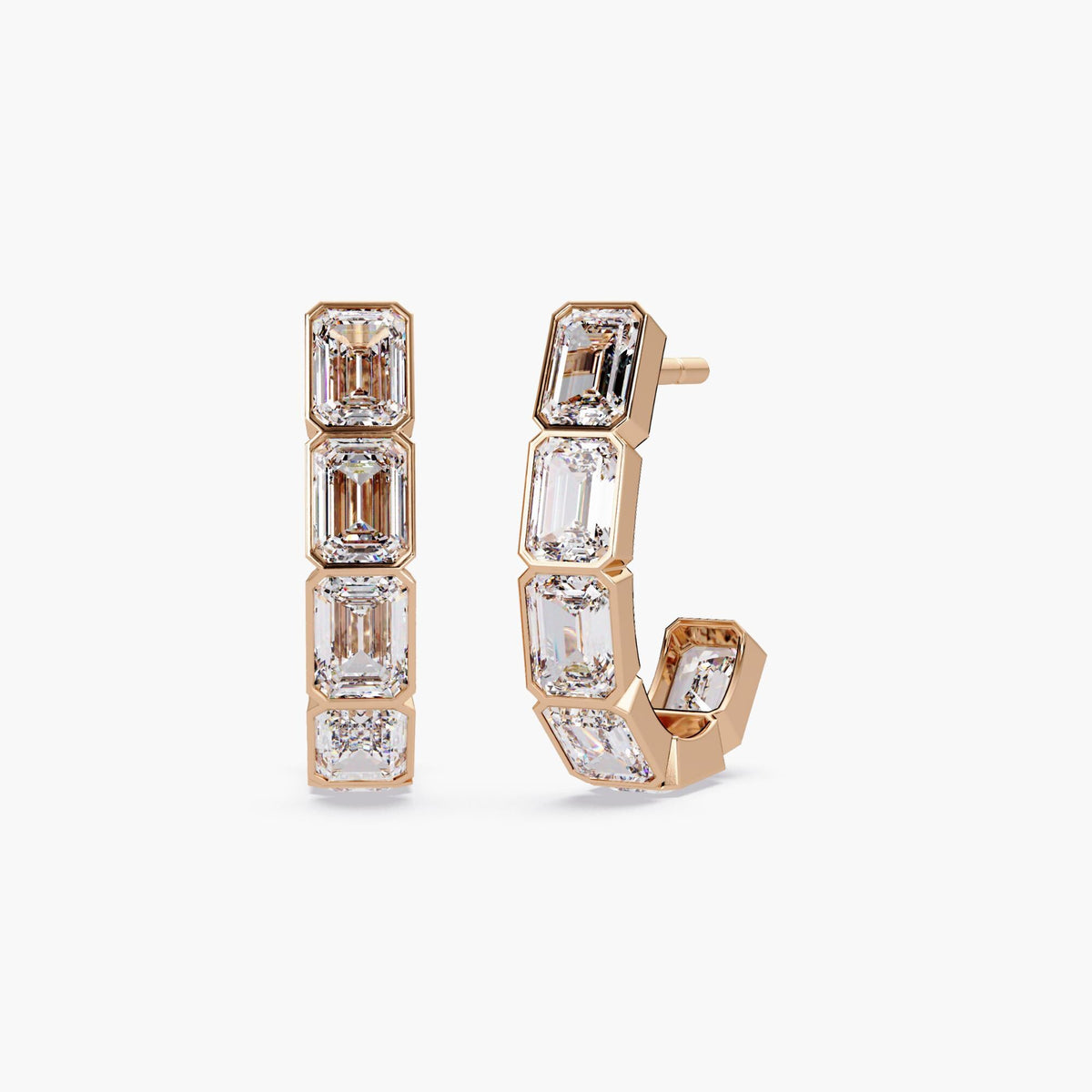 14K rose gold J-hoop earrings set with five bezel-set emerald-cut diamonds.