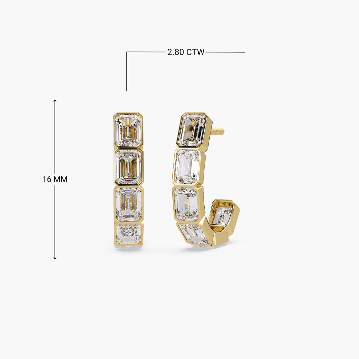 14K gold J-hoop earrings, 16mm in height and 2.80 carats total weight. Each hoop features five bezel-set emerald-cut lab-grown diamonds, offering a clean, structured silhouette that hugs the lobe. Perfect for everyday or elevated evening looks.