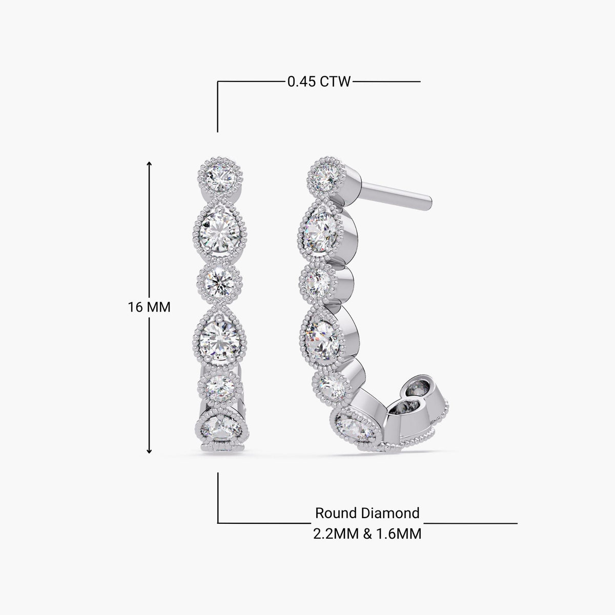 14k White gold half hoop earrings with 0.45 carat total weight of lab-grown round diamonds in 2.2MM and 1.6MM sizes. Earrings measure 16MM in length, featuring bezel settings with teardrop-inspired outlines and vintage-style milgrain accents.