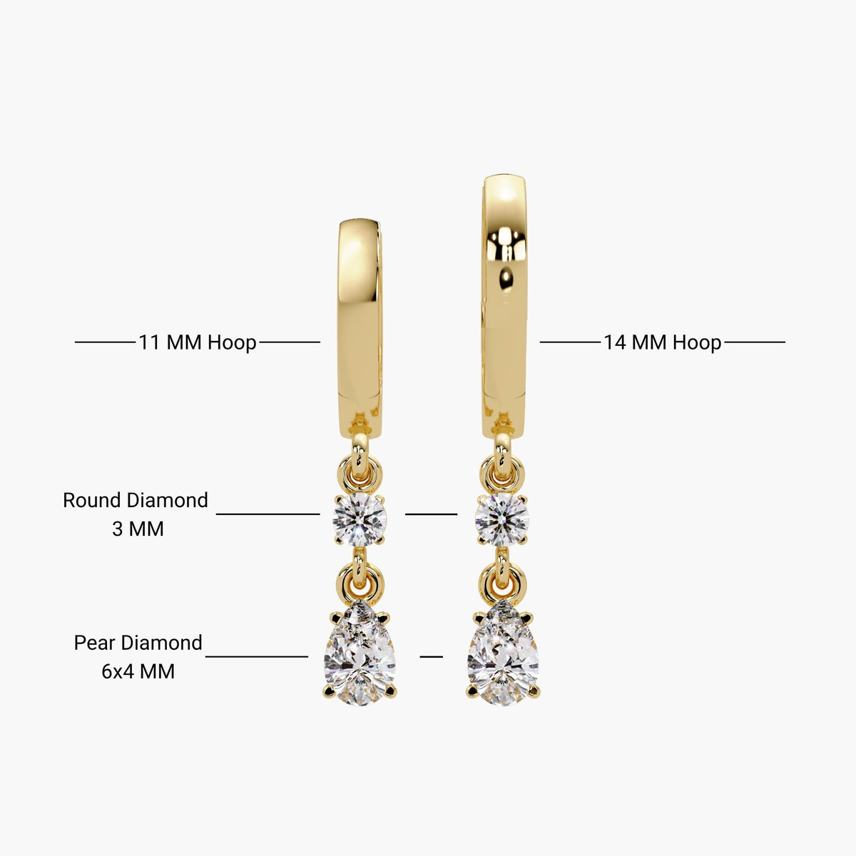 14K yellow gold huggie earrings showing size comparison between 11mm and 14mm hoops. Each earring features a 3mm round lab-grown diamond and a 6x4mm pear-shaped lab-grown diamond in prong settings.