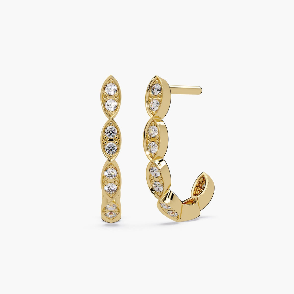 14K yellow gold huggie hoop earrings with marquise-shaped links, each set with two round lab-grown diamonds in pavé setting.