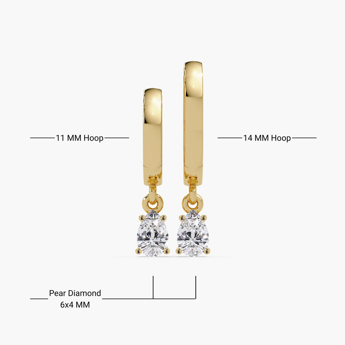 14K yellow gold huggie earrings side by side, one with an 11mm hoop and one with a 14mm hoop. Both feature a 6x4mm pear-cut lab-grown diamond dangle.