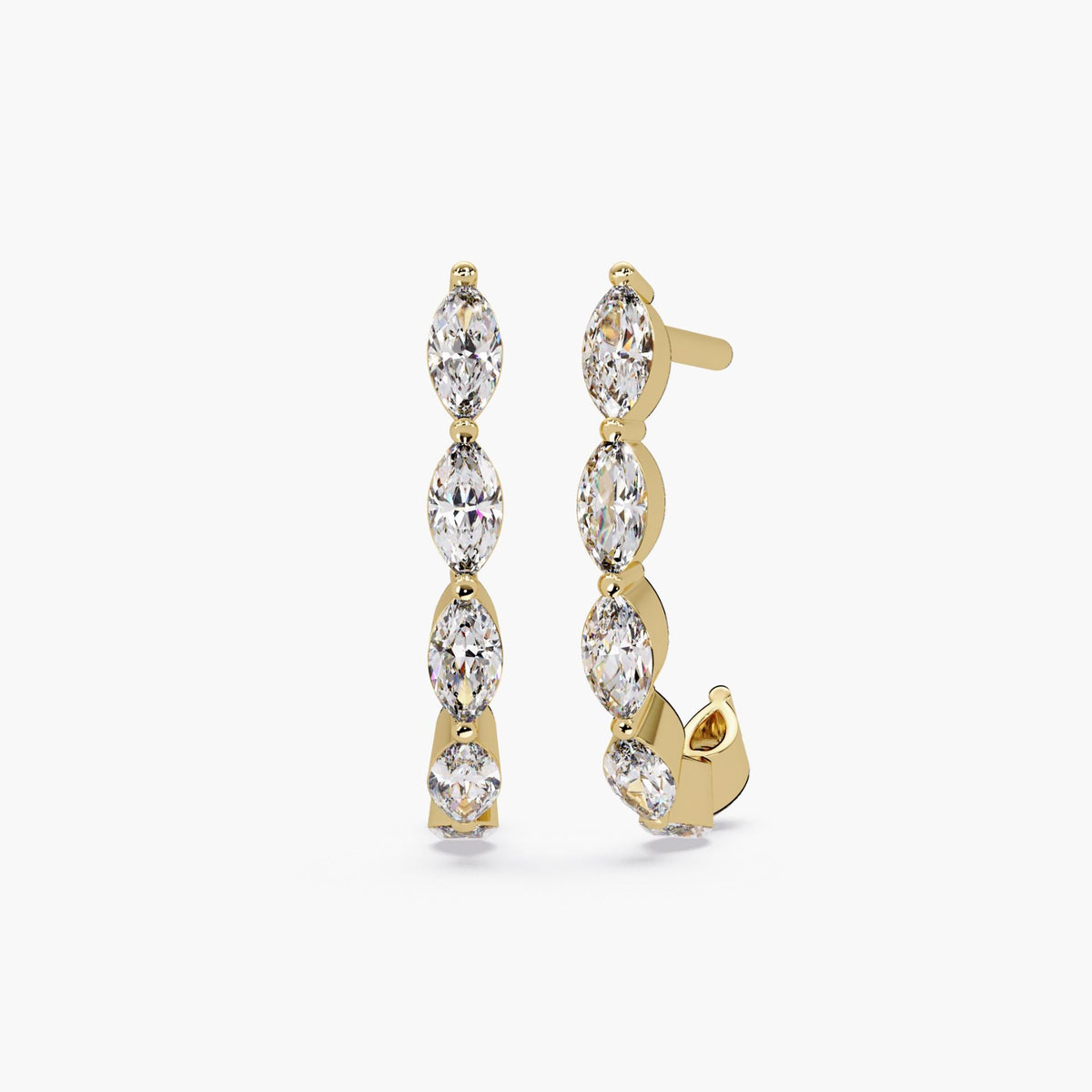 14K yellow gold marquise diamond hoop earrings, 18MM half hoop design with single prong setting, minimalist lightweight hoops for everyday wear, bridal jewelry, or gift for her.