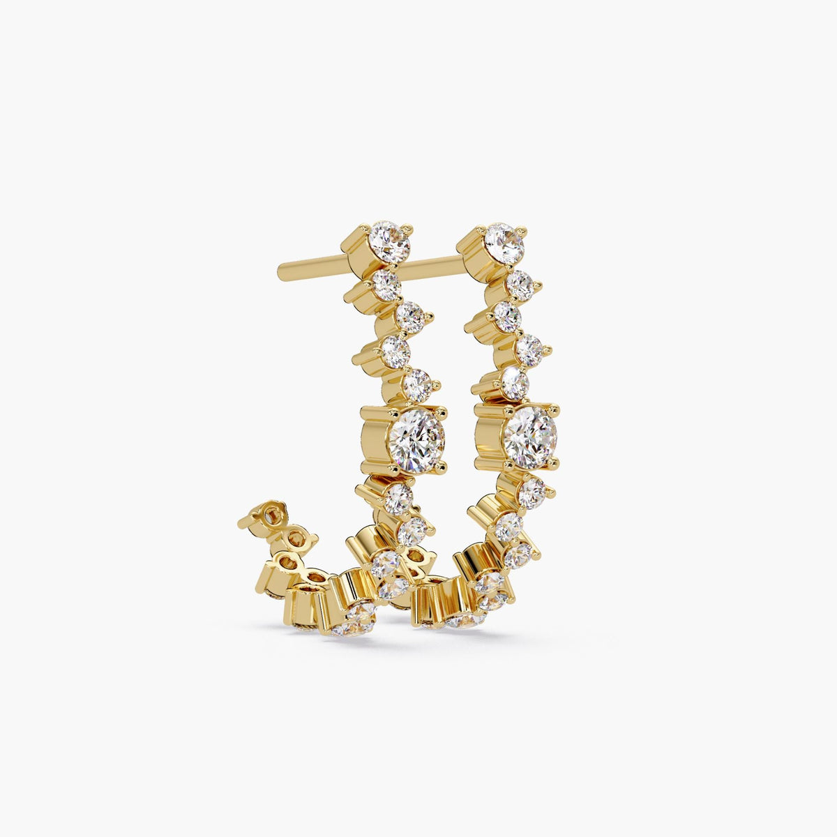 14K yellow gold diamond cluster J-hoop earrings with prong-set round lab-grown diamonds in a graduated design, 16MM size.
