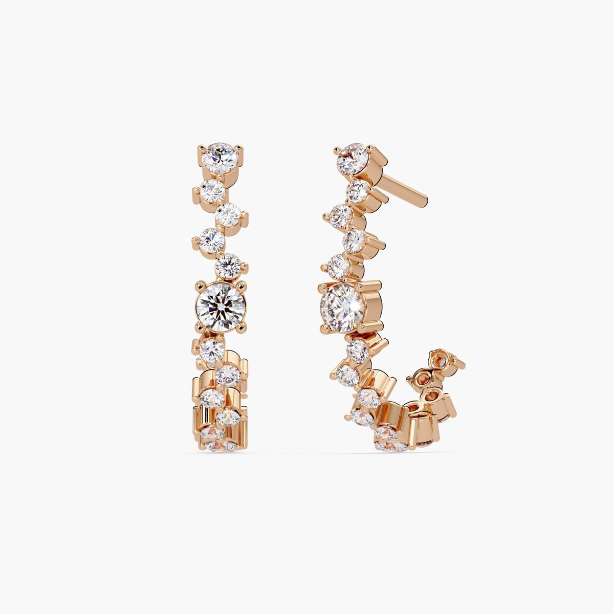 14K rose gold diamond cluster hoop earrings with graduated round lab-grown diamonds, prong-set in a 16MM J-hoop design, shown front and side view on white background.