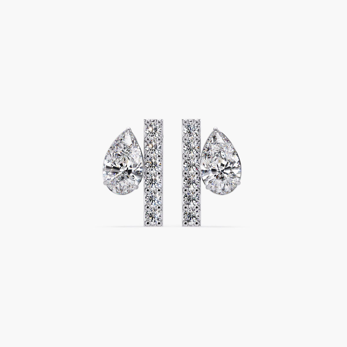 14K white gold diamond bar stud earrings with pear and round lab-grown diamonds, minimalist 8MM design, geometric studs for stacking or gifting