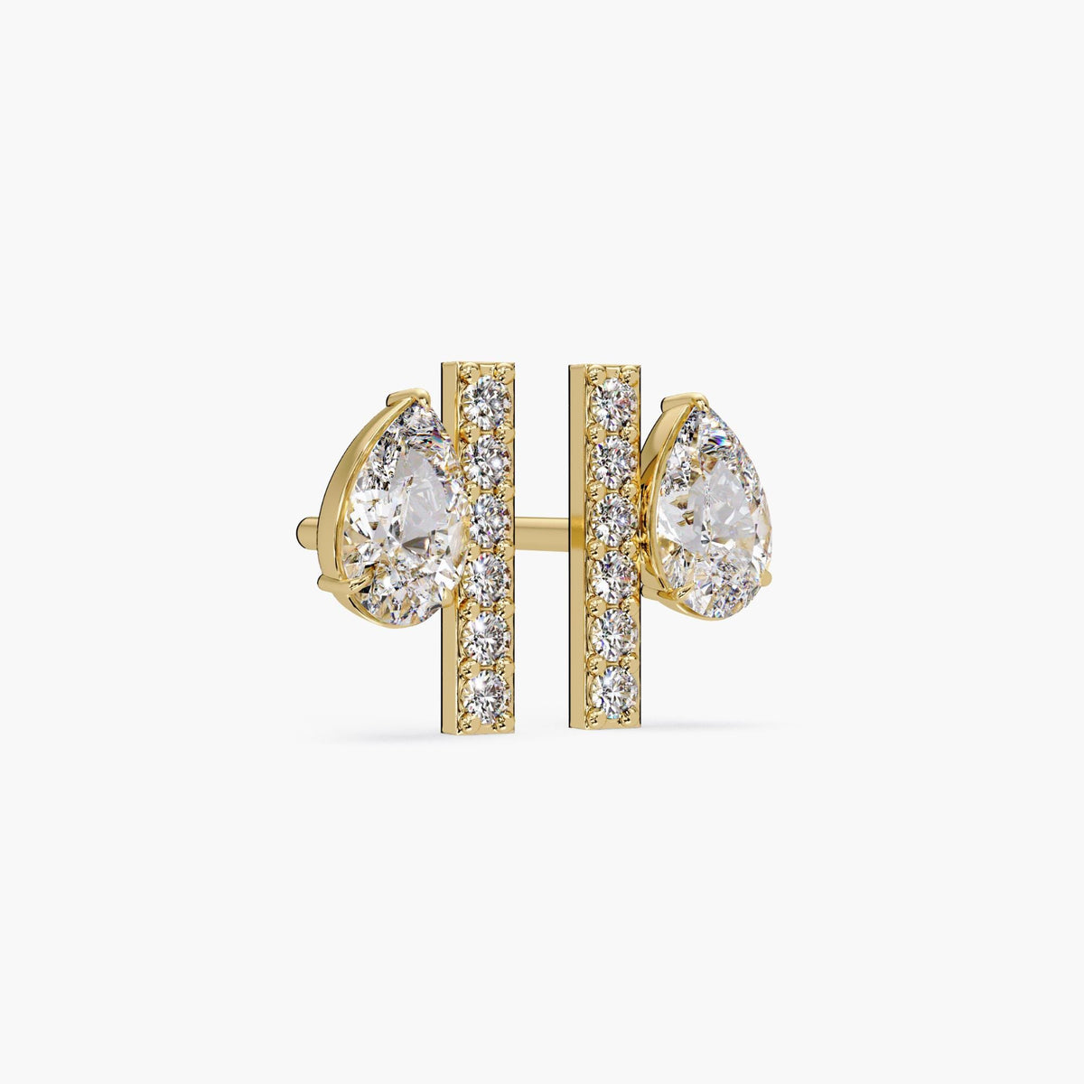 14K gold diamond bar stud earrings with pear and round cut lab-grown diamonds, 8MM bar design highlighting pavé setting and craftsmanship
