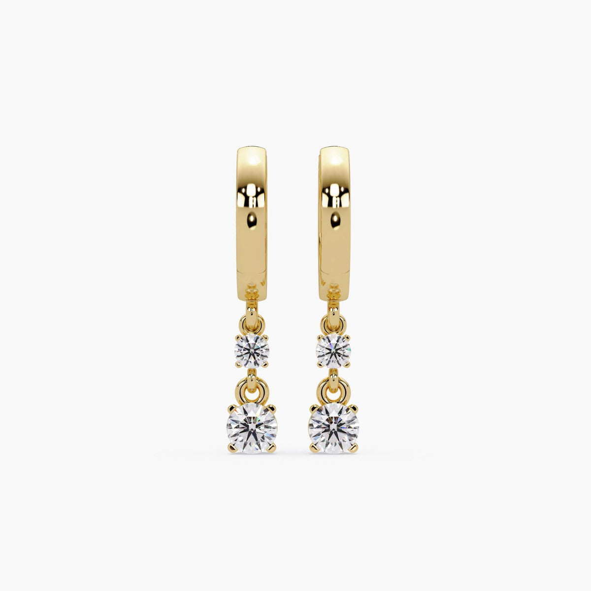 14K solid gold huggie hoop earrings with two round lab-grown diamonds in a prong setting, dangle style for everyday wear or gifting