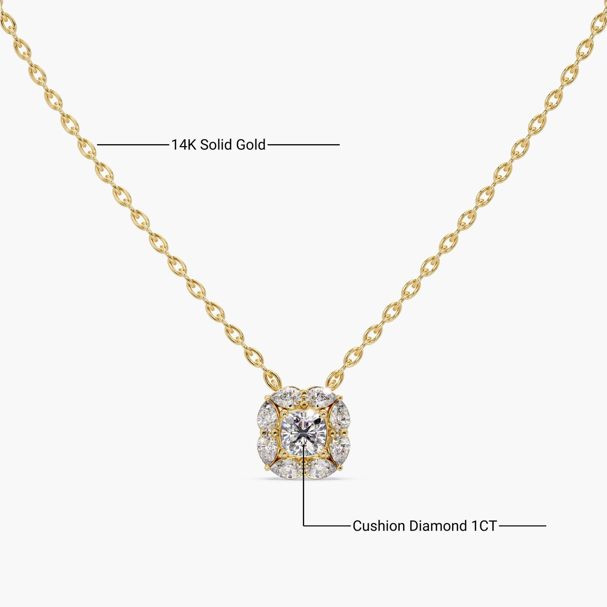 IGI-certified 1 ct cushion-cut lab diamond pendant labeled for clarity, set in 14K solid yellow gold with pear-cut diamond halo accents; modern heirloom Art Deco necklace ideal for gifting or daily layering.