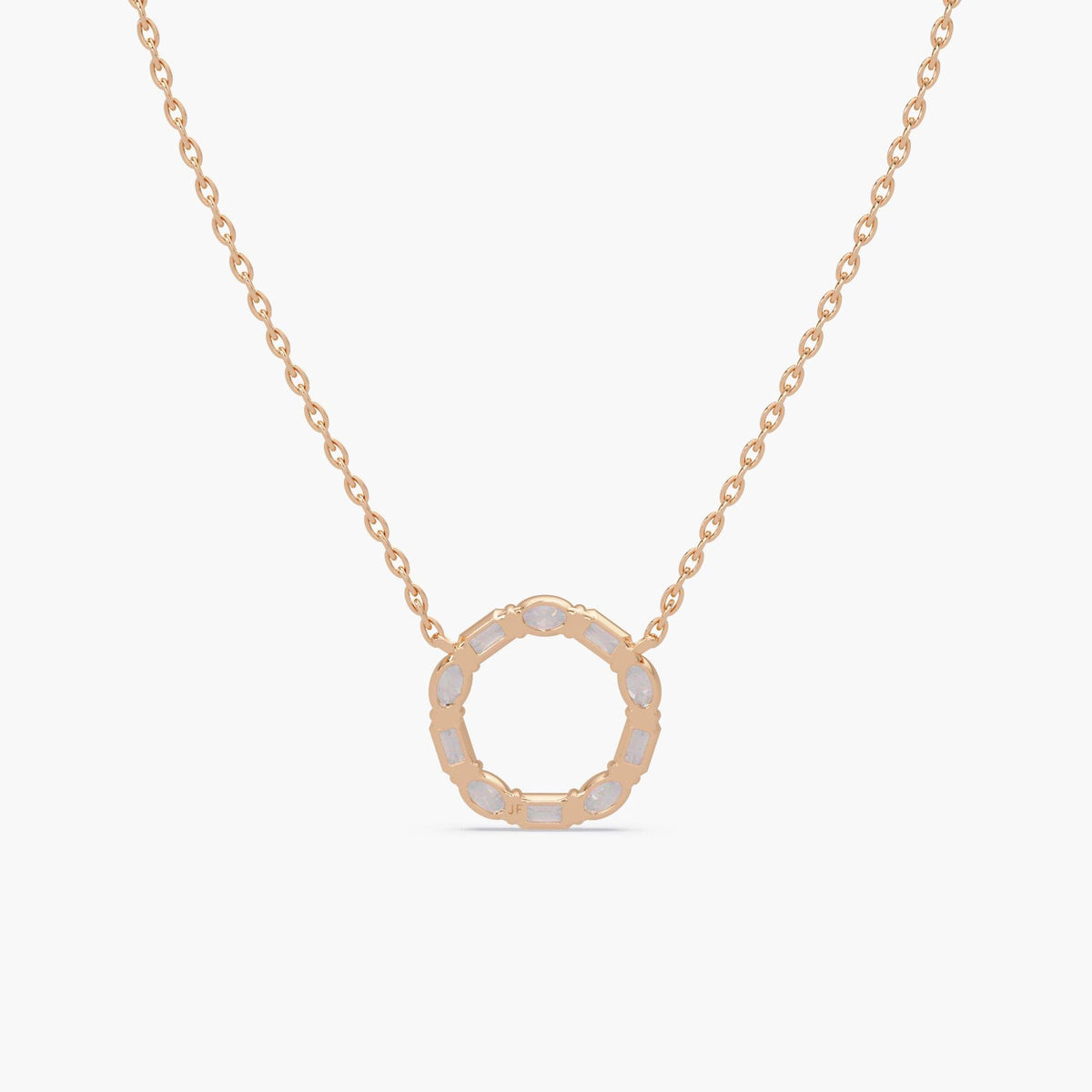 14K rose gold open circle pendant necklace, showing bezel-style diamond housing and “JF” maker’s mark detail.