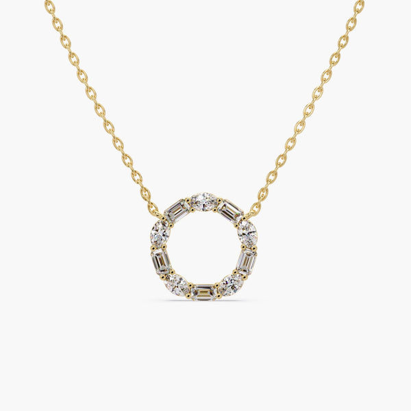 14K Gold Diamond Circle Necklace | 2.5 Ctw Oval & Emerald Lab Diamond | 20mm Statement Pendant
