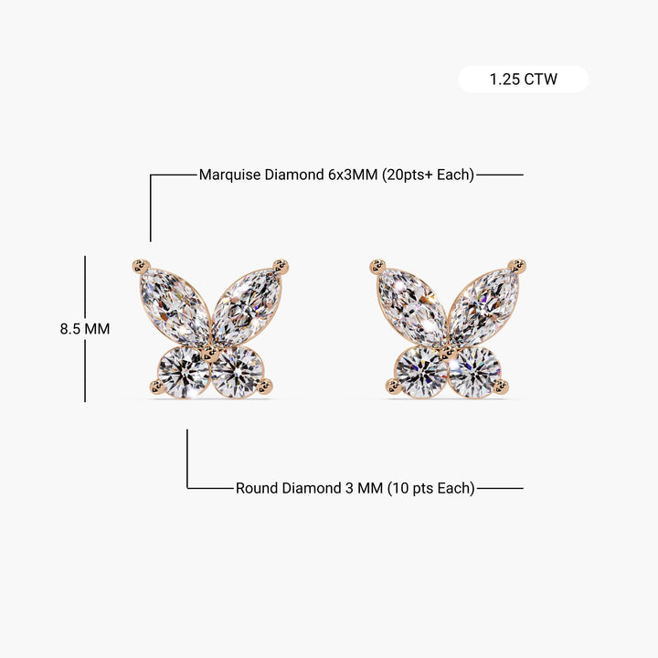 14K gold butterfly diamond earrings labeled with dimensions, featuring 6x3mm marquise and 3mm round lab-grown diamonds in a floral four-stone design with 1.25 carats total weight.