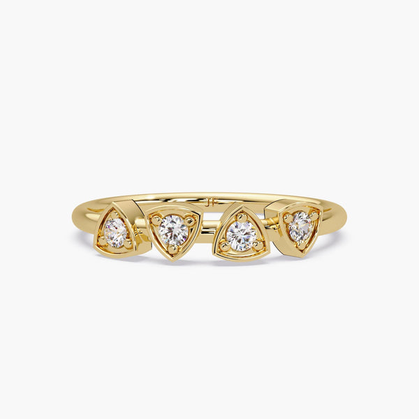 14K Gold Trillion Bezel Diamond Ring | Four Stone Stackable Band | Modern Bezel Set Gold Ring | Geometric Stacking Jewelry