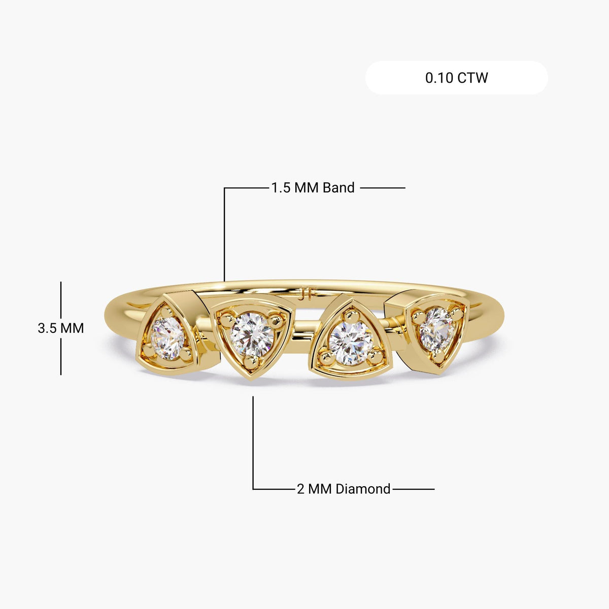 14K gold four-stone diamond ring with trillion bezels. Features 2mm round lab-grown diamonds, 1.5mm band width, 3.5mm bezel height, and total carat weight of 0.10 CTW. Ideal for stacking or gifting.