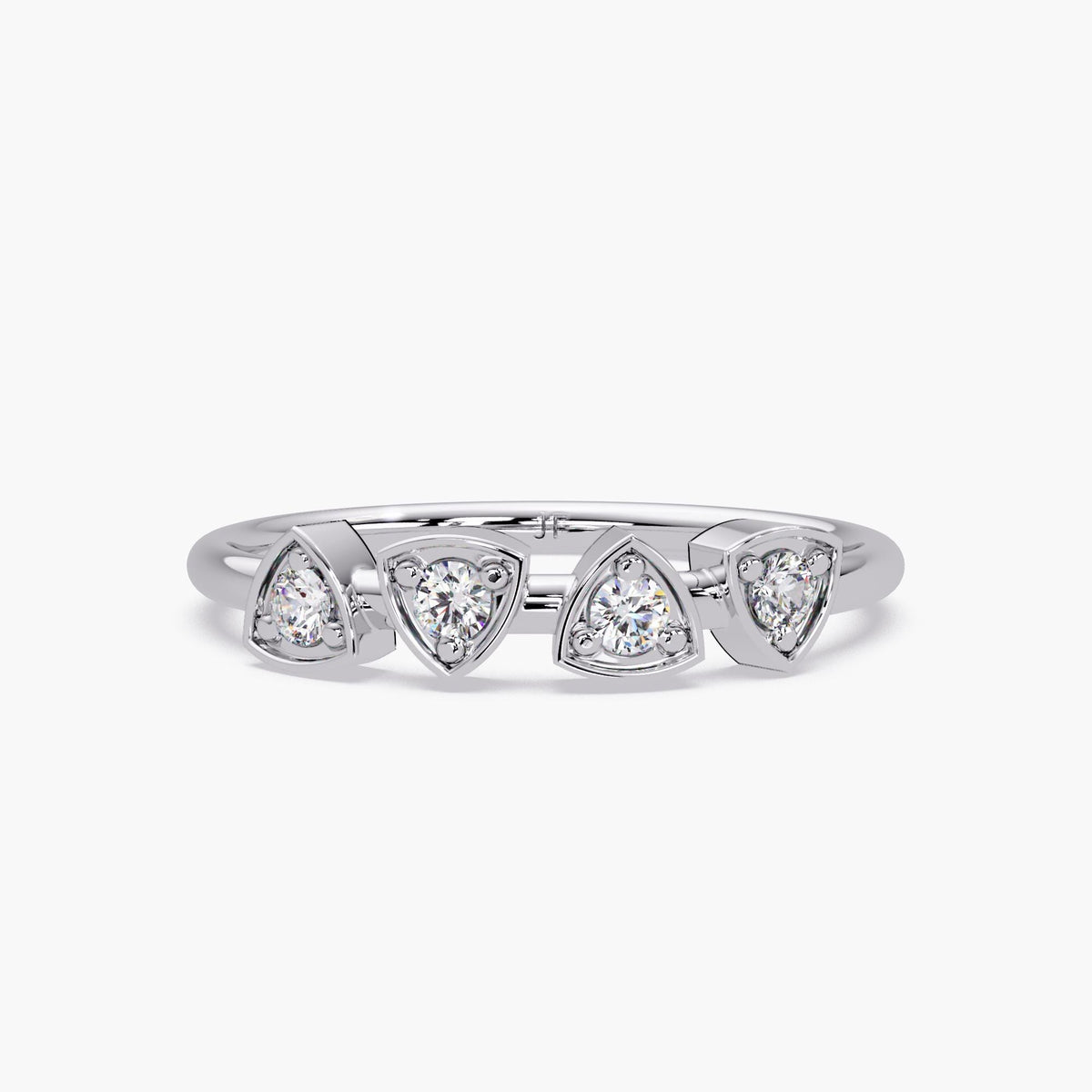 14K white gold triangle bezel diamond ring featuring four 2mm round lab diamonds in pointed bezel settings, minimalist gold band