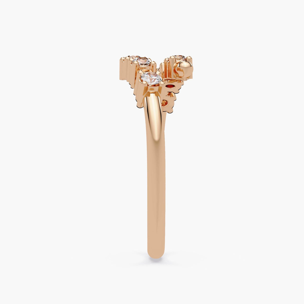 14K rose gold crossover band featuring two curved rows of lab-grown diamonds in a bypass silhouette. The slim, polished shank creates a floating diamond look ideal for minimalist styling or statement stacking.