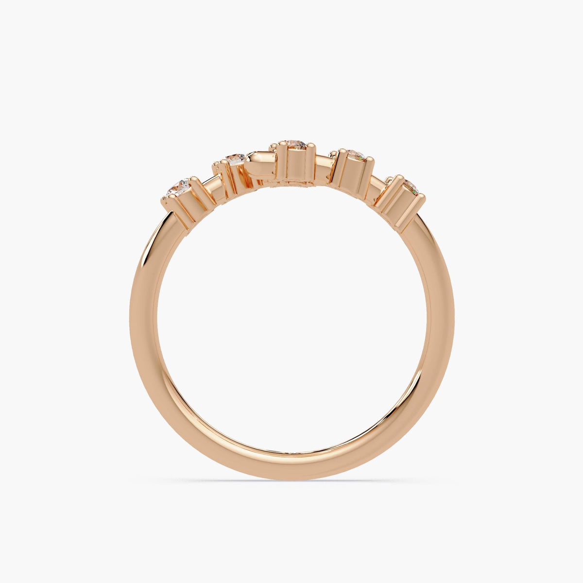 14K rose gold bypass ring showcasing the open crossover band structure with prong-set diamonds. The tapered shank ensures a comfortable fit while highlighting the floating diamond design from all angles.