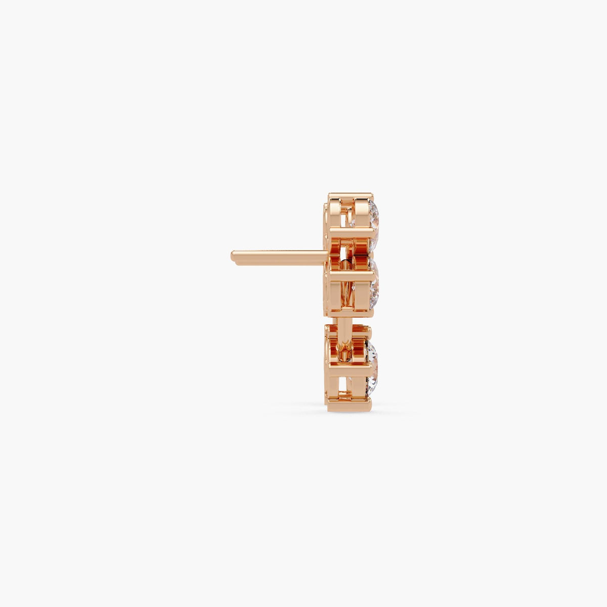 14K rose gold clover stud earrings with pear-cut and round lab-grown diamonds, showing prong setting structure, polished finish, and sturdy post for secure wear.