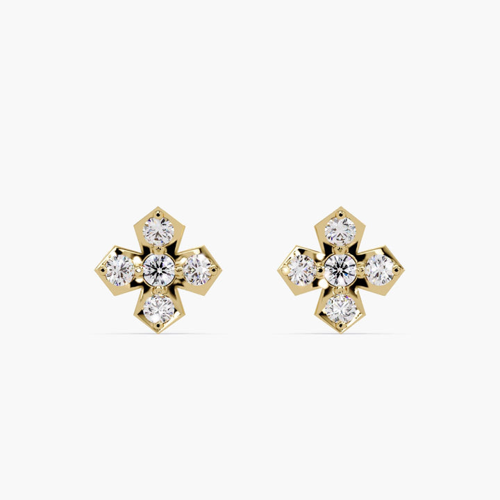 14K gold cross shape diamond stud earrings with natural round pavé-set diamonds in X-inspired design, 6.5mm dainty everyday studs for gifting or layering.