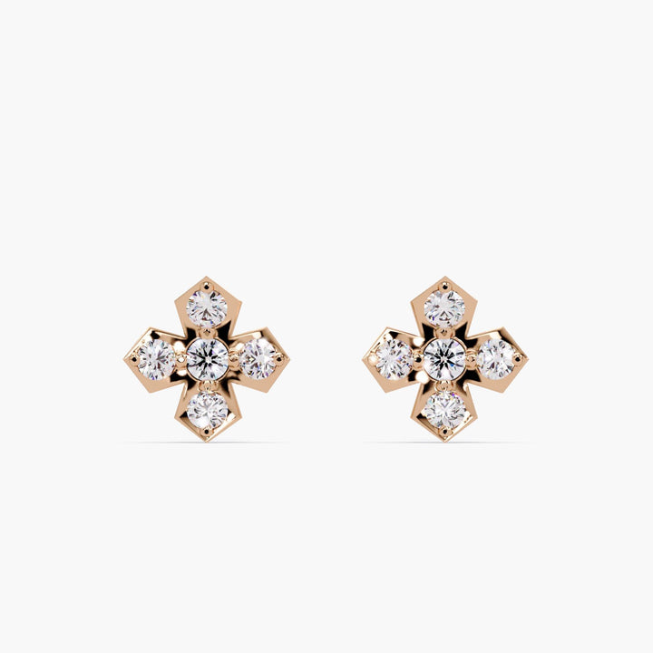 14K rose gold cross shape stud earrings with 5 natural round diamonds, pavé style small diamond studs, modern fine jewelry gift for her.