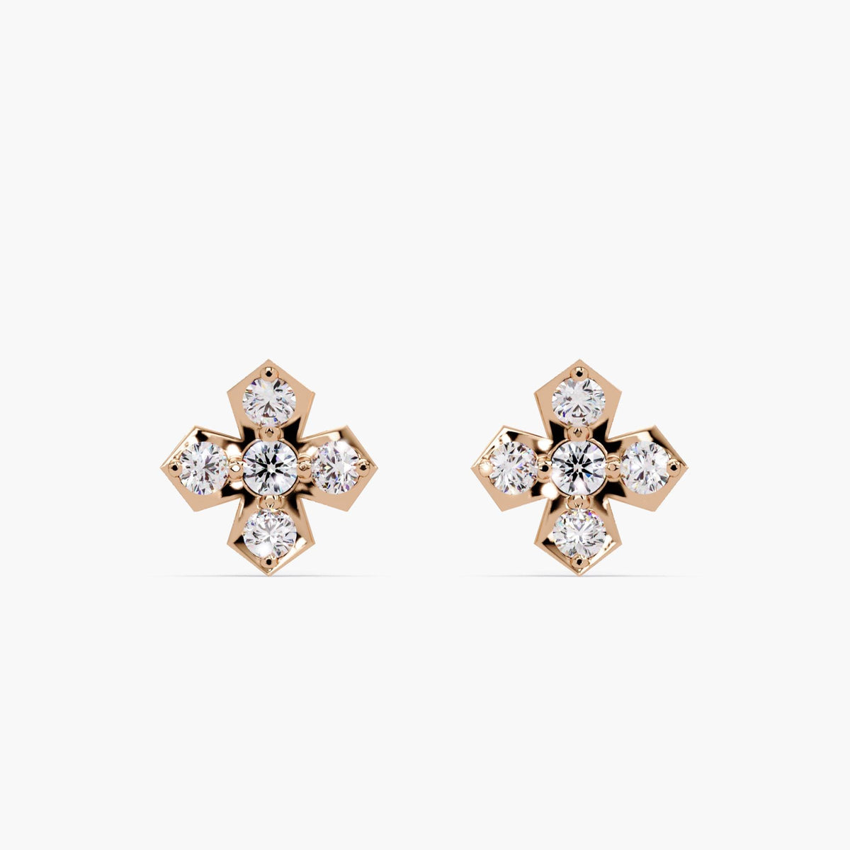 14K rose gold cross shape stud earrings with 5 lab grown round diamonds, pavé style small diamond studs, modern fine jewelry gift for her.