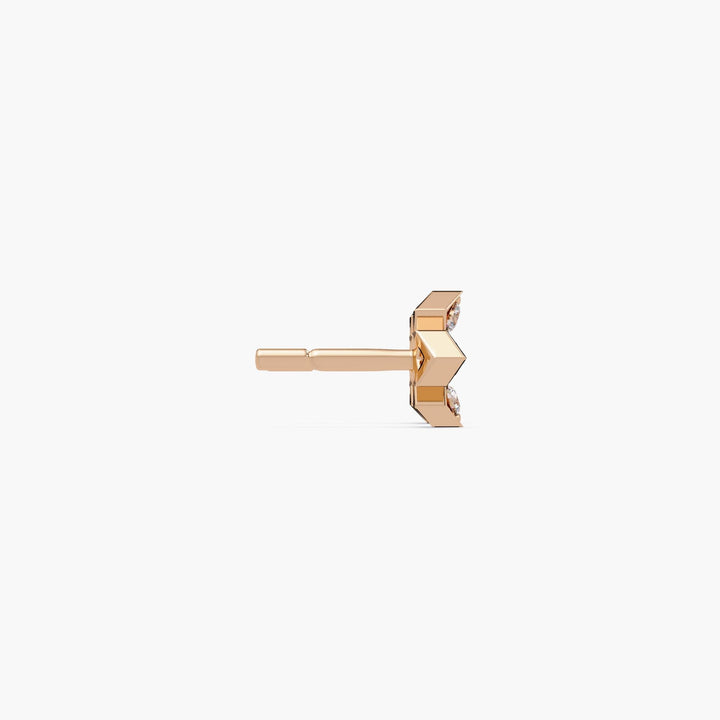 14K rose gold cross shape stud earring with 5 natural round diamonds, minimalist fine jewelry design for everyday wear.