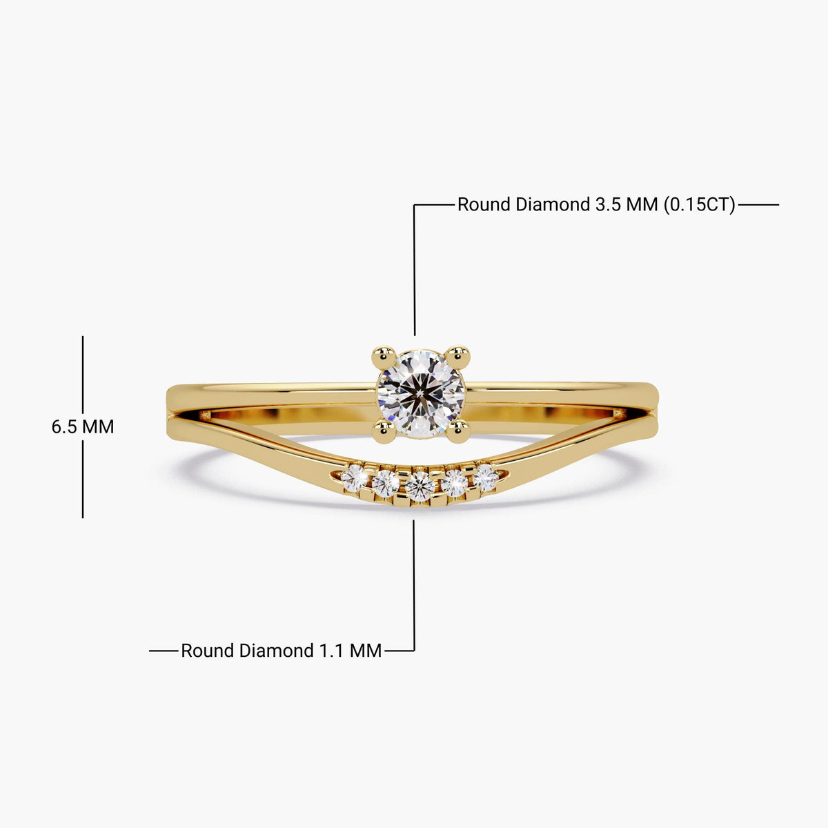 14K yellow gold chevron ring with a 0.15 carat 3.5mm round lab-grown diamond solitaire and five 1.1mm pavé accent diamonds, total height 6.5mm.