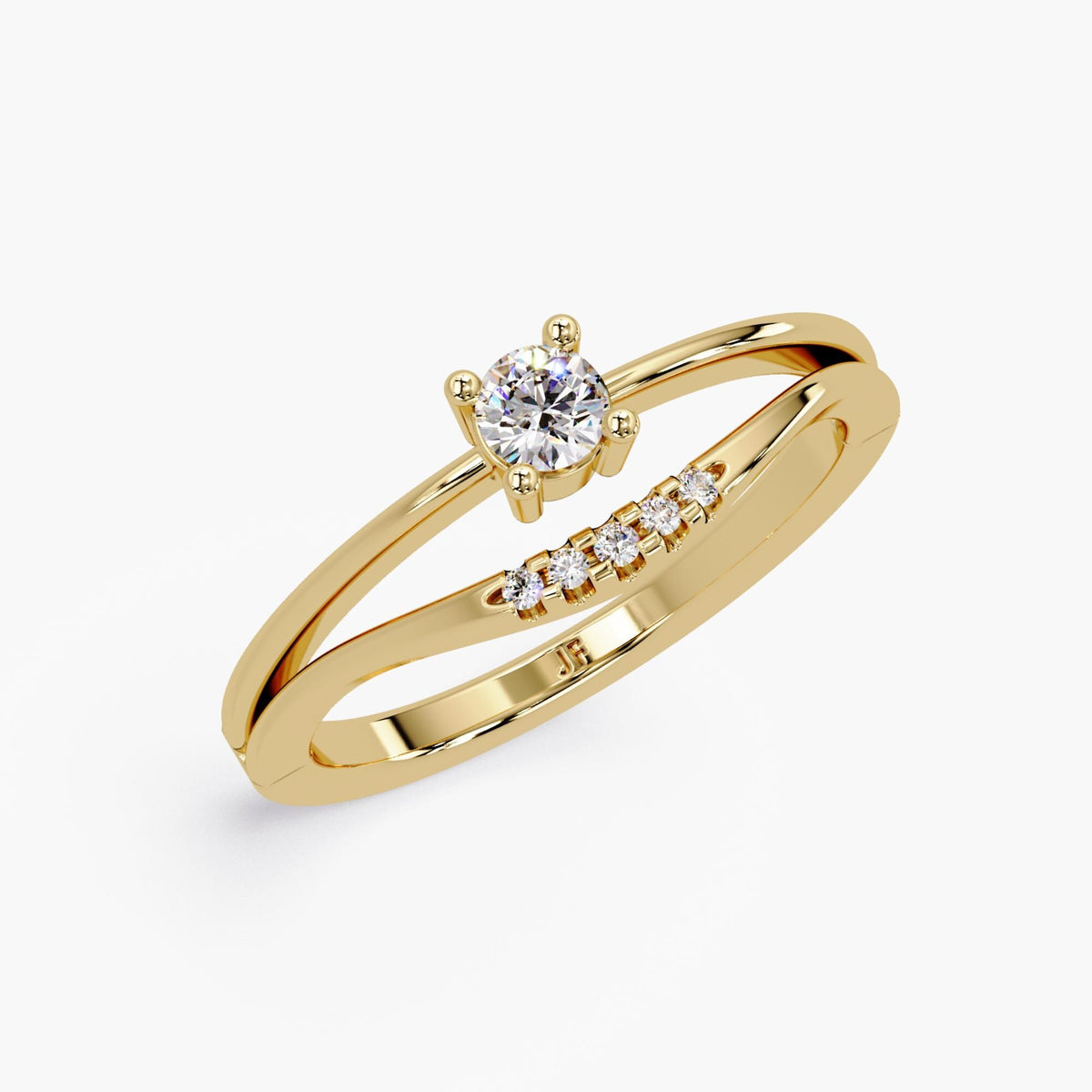 14K yellow gold lab-grown diamond chevron ring featuring a 0.15 carat round solitaire in four prongs with five pavé accent stones along the curved band.