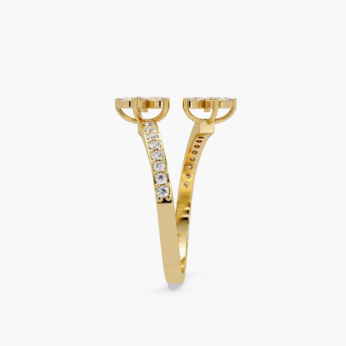 14K yellow gold floral diamond bypass ring, showing pavé-set diamonds along the 2 mm band and raised settings for marquise flower clusters.
