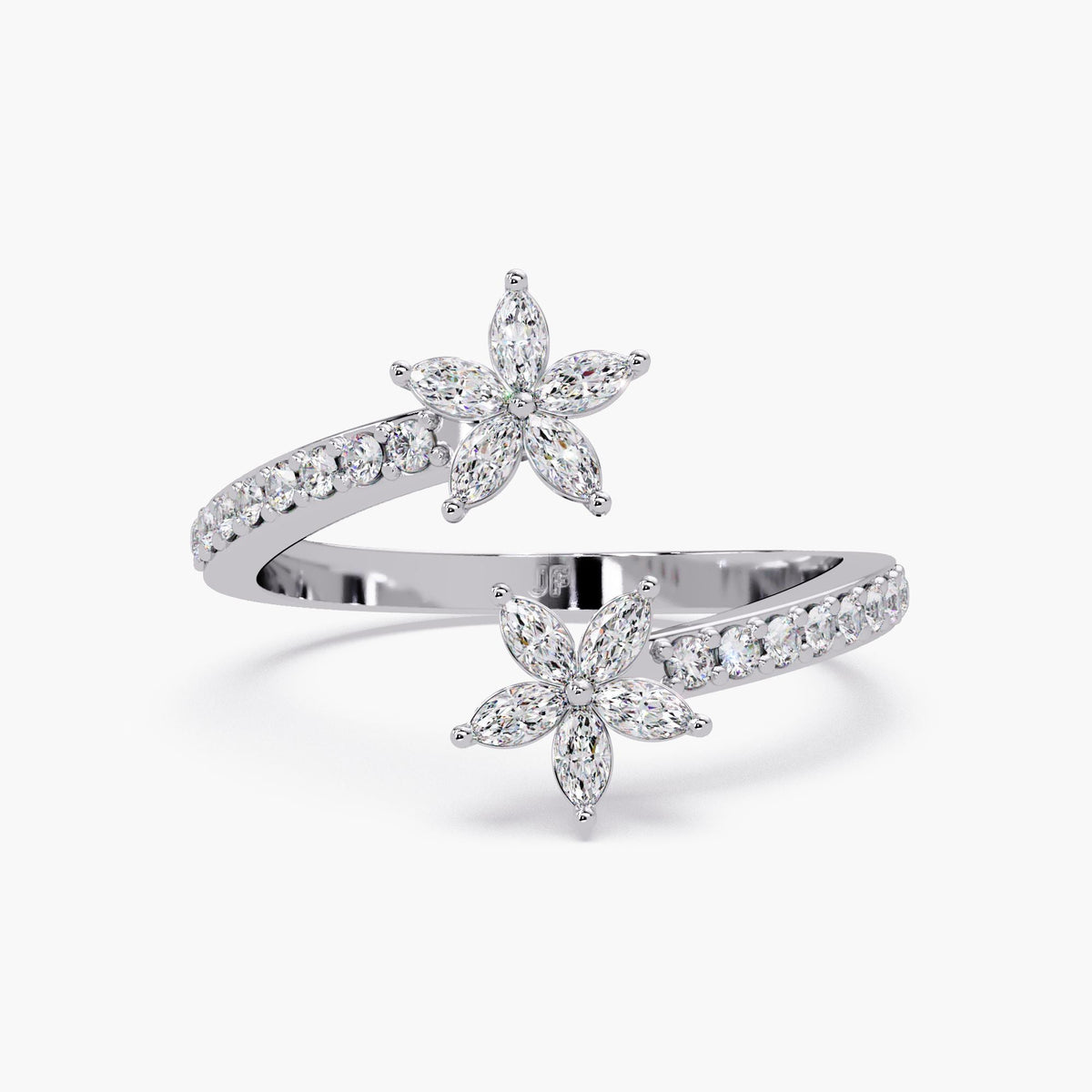 14K white gold floral bypass ring with two five-petal marquise diamond blossoms and a pavé wrap band, designed as a bold statement or index finger ring.
