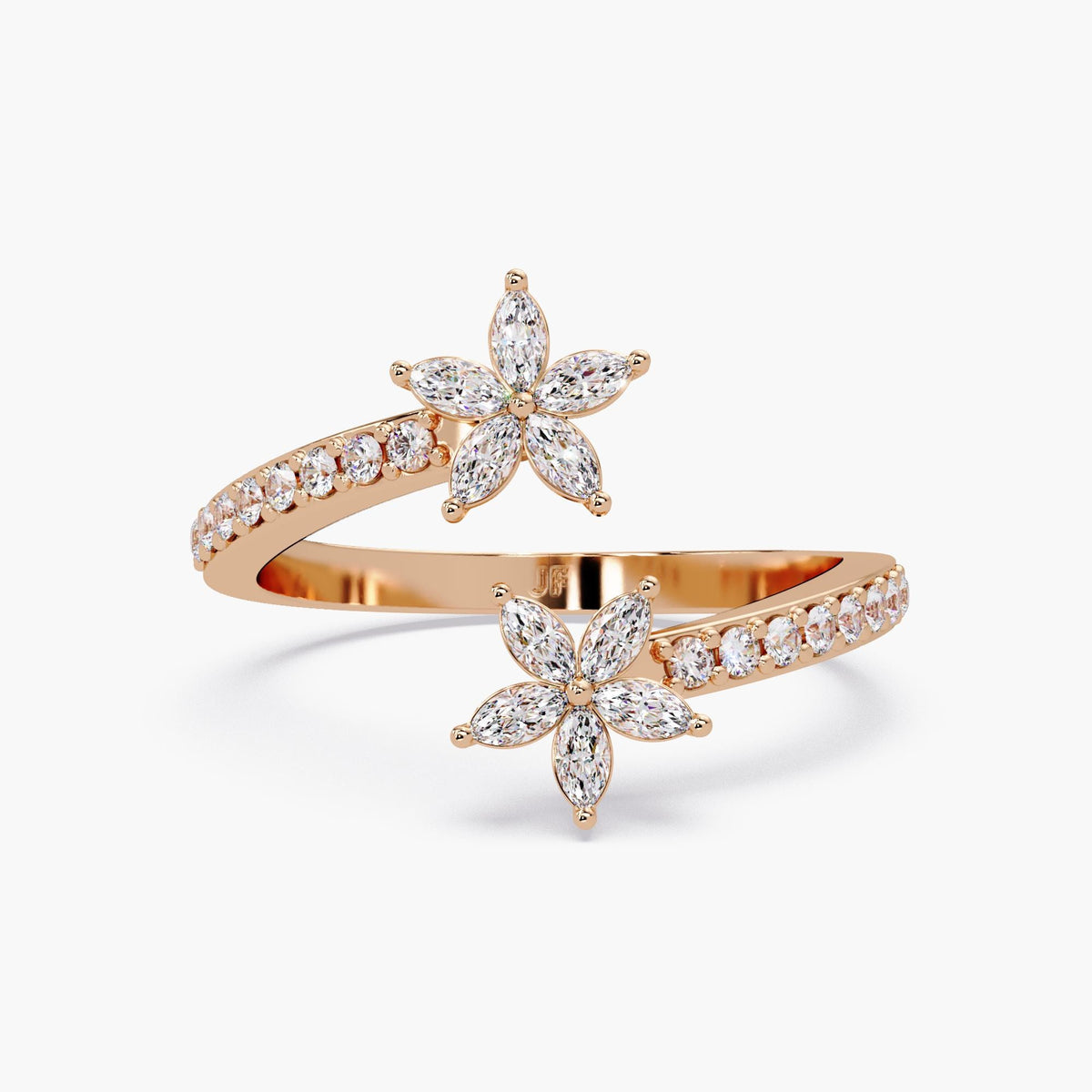 A 14K rose gold floral diamond bypass ring with two five-petal marquise diamond blossoms and a pavé wrap band.