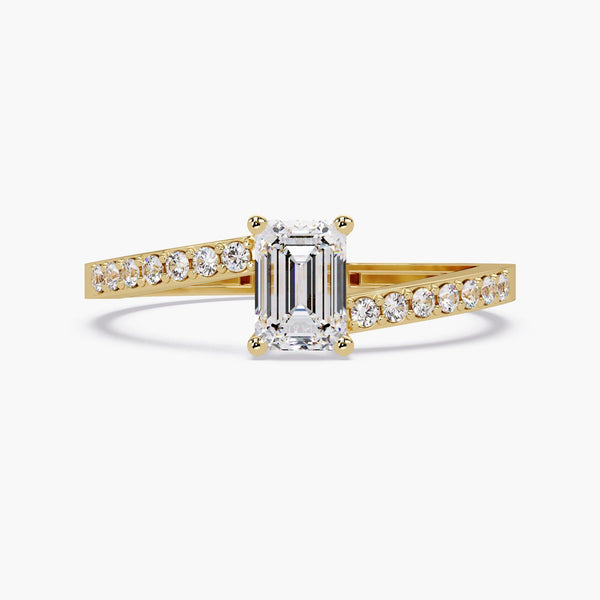 Emerald Cut Engagement Ring | 14K Gold Solitaire with Pave Diamond Band | 0.50 Ct Lab Grown Diamond Gift
