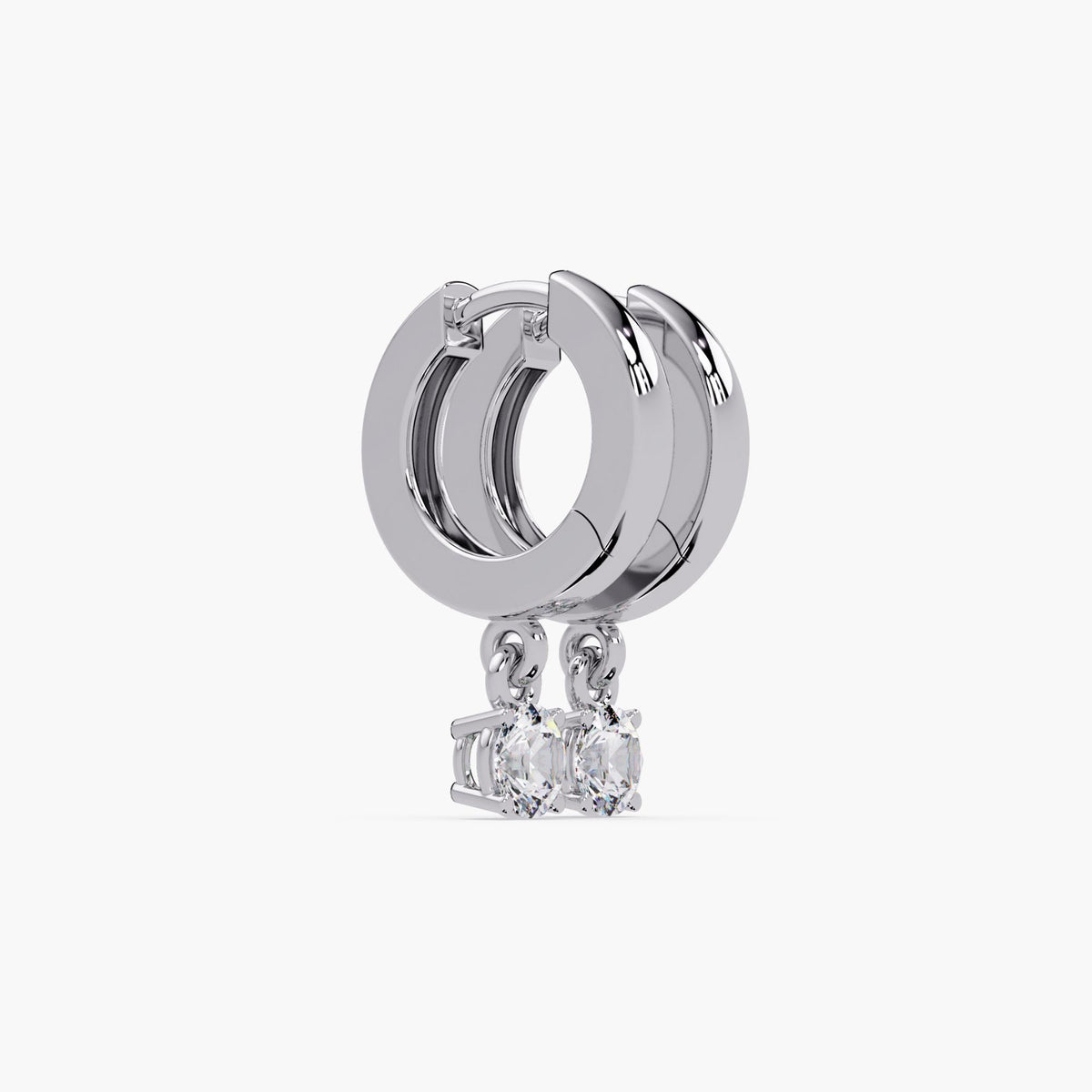 14K white gold huggie hoop earrings with round lab-grown diamond drops in four-prong settings