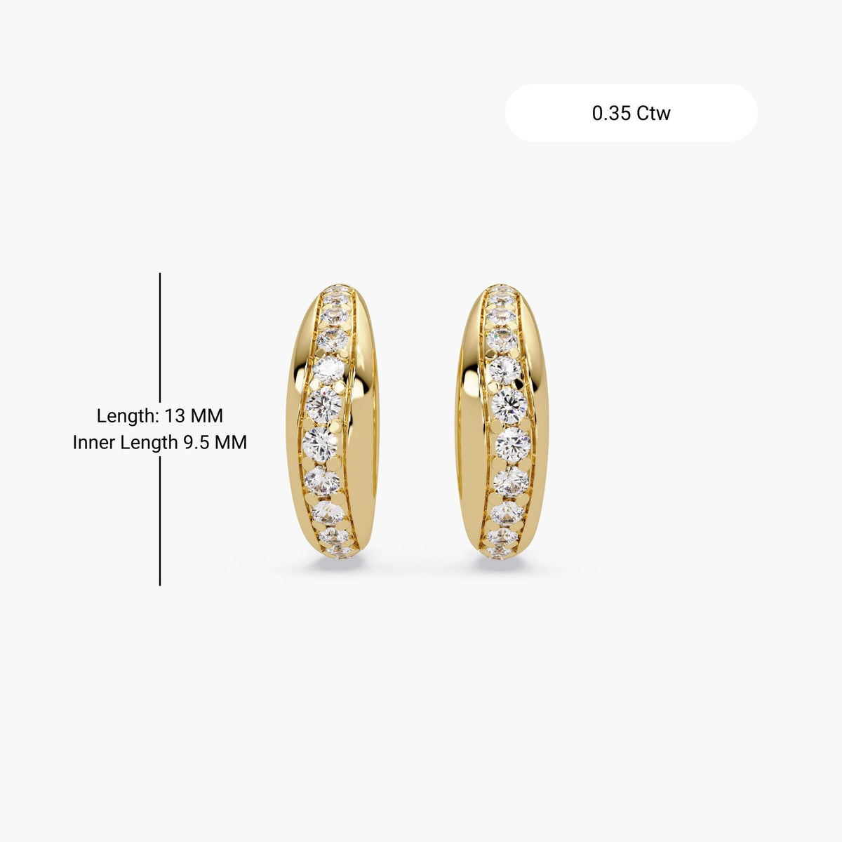 Small 14K yellow gold dome huggie earrings with natural diamonds, 13mm length and 9.5mm inner length, mini stud hoop style with 0.35 CTW round diamonds, everyday fine jewelry gift for her.