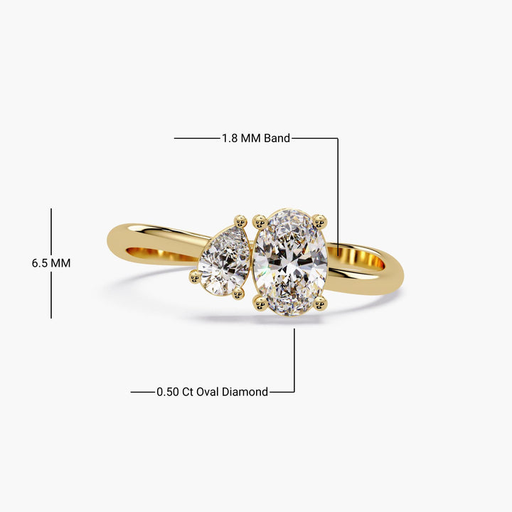 14K gold Toi et Moi ring with 0.50 ct oval and pear lab diamonds, 1.8mm band width, 6.5mm height