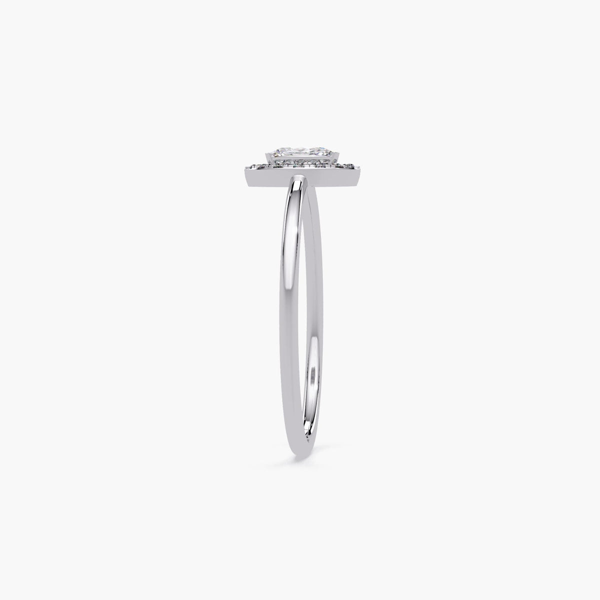 14K white gold navette diamond halo ring showing thin 1.3mm band and low-profile setting, minimalist stacking style