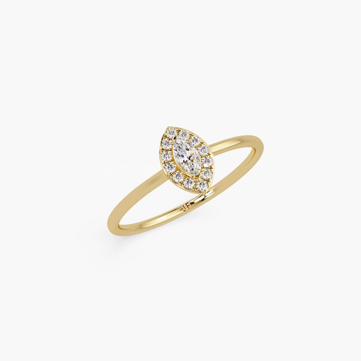 navette marquise halo ring in 14K yellow gold with lab-grown diamonds, dainty band with minimalist stacking style