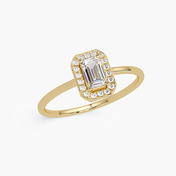 14K yellow gold ring with emerald-cut center diamond and halo, thin band sparkly ring for gifting or stacking”
