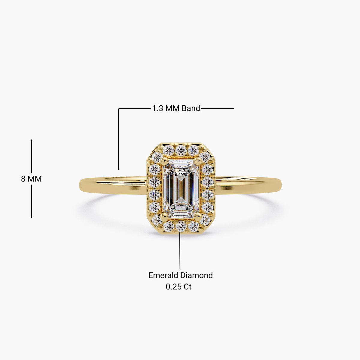 14K gold emerald-cut diamond ring with halo, 0.25 ct center stone, 1.3mm band, and 8mm total height