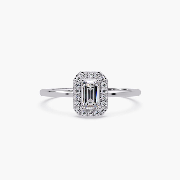 emerald-cut diamond halo ring in 14K white gold, slim band design with lab-grown center stone and sparkling accents