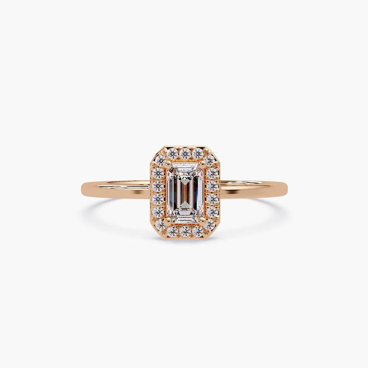 emerald-cut diamond halo ring in 14K rose gold with slim band, lab-grown center and sparkly round accents