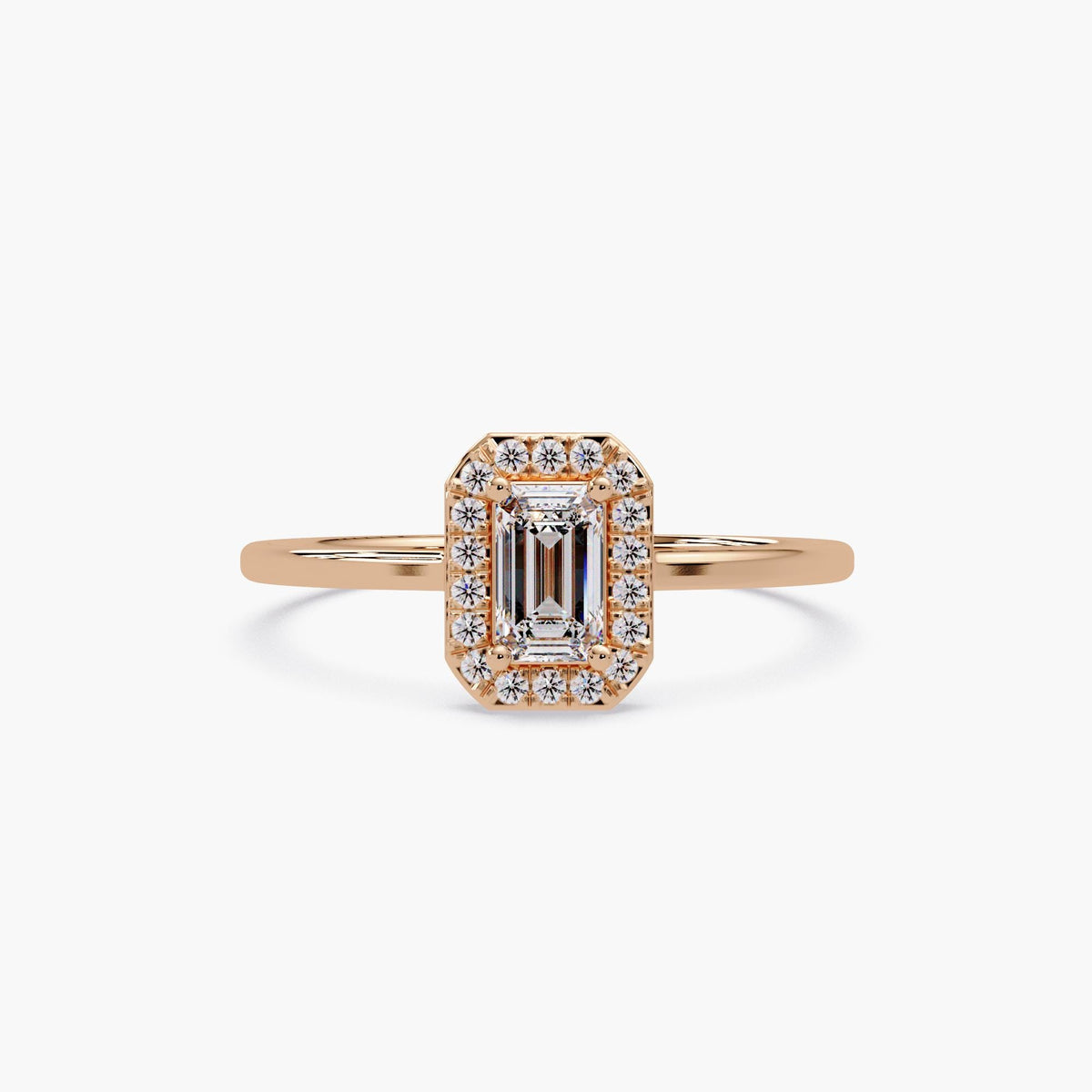 emerald-cut diamond halo ring in 14K rose gold with slim band, lab-grown center and sparkly round accents
